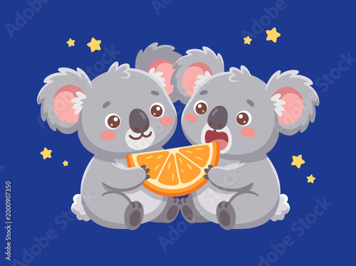 Two Cute Baby Koalas Sharing a Slice of Juicy Orange on Dark Blue Starry Night Background, Adorable Animal Friendship and Healthy Food Concept