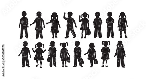 Children school silhouettes set showing kids in various poses wearing uniforms and carrying bags for educational concept.