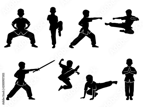 Martial Arts Kids Silhouettes Set, Children Practicing Kung Fu, Karate Poses and Sword Training, Sports Discipline and Combat Exercise Vector