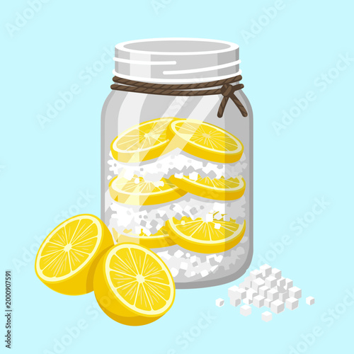Fresh Sliced Lemons Preserved in Jar with Sugar Cubes and Twine Detail Illustration for Homemade Fermentation and Healthy Kitchen Concept Vector