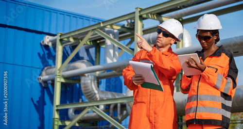 Quadro su tela Industrial engineers wearing safety uniforms and helmets inspecting pipeline sys