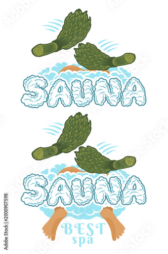 Sauna concept with two birch bath brooms are massageing a back of human who lay in clouds of steam. Clean modern spa logo. Vector illustration in flat style on transparent background. Ideal for wellne