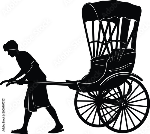 man pulling rickshaw silhouette on white background