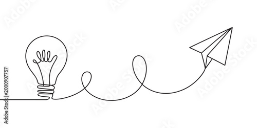 Idea generation lightbulb, flying paper airplane innovation concept creative thinking inspiration business strategy vector illustration set