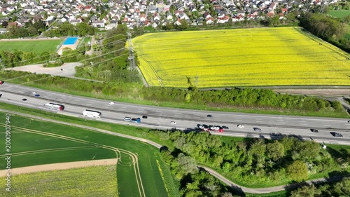 Idstein, Germany - April 23, 2026: Aerial view of dense traffic on German highway A3 between Bad Camberg and Idstein.