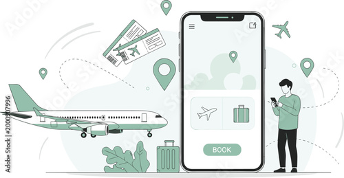 Online Flight Booking Mobile App Concept with Airplane Ticket Luggage Location Pin and Man Using Smartphone Vector Illustration