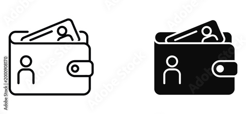 Wallet with ID card and person icon, outline and solid icons set, clean vector illustration representing identity, personal documents