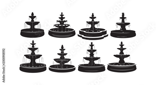 Collection of elegant tiered fountains in silhouette on white background, vector illustration.
