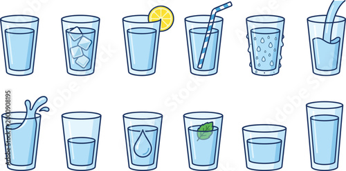 Water glasses collection showing various states of hydration, including ice, lemon, straw, splash, and mint leaf in a cartoon style.
