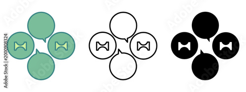 Abstract graphic representation of four circular speech bubbles with an internal hourglass shape design element isolated on transparent background