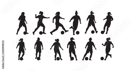 Collection of female soccer player silhouettes in various athletic poses with footballs isolated on white background art.