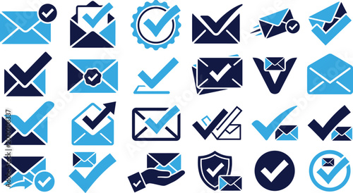 Collection of blue and navy mail and check mark icons representing communication and confirmation.