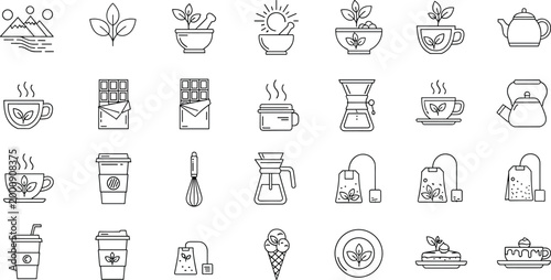Coffee and Tea Line Icon Set with Hot Drinks, Cups, Espresso, Latte, Kettle, Mug and Cafe Beverage Outline Vector Collection