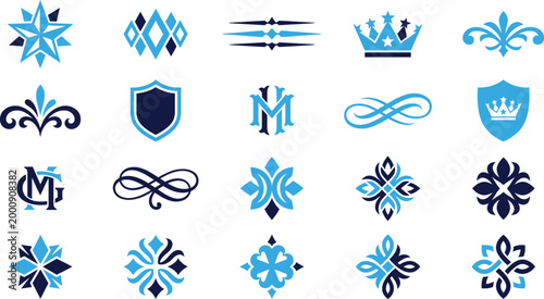 Set of elegant blue and navy emblems heraldic crests and logos for design projects.