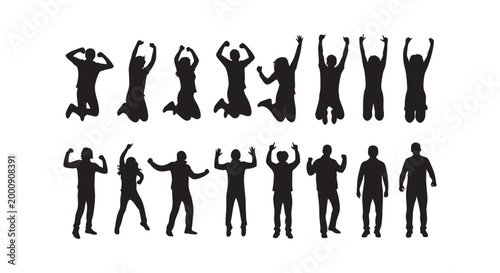 Collection of jumping and standing people silhouettes happy crowd celebrating success isolated on white background vector.