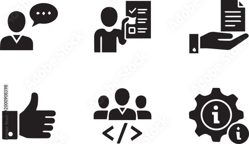 Business communication and workflow icons vector set customer support teamwork coding approval document and information symbols modern flat illustration