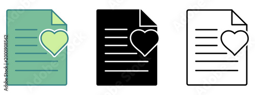 Set of document icons with a heart symbol on each indicating a favorite or important document for recognition or preference