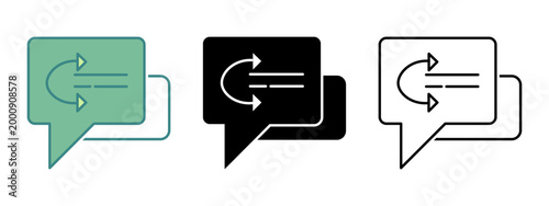 Three different styles of chat bubble icons representing communication and dialogue with a circular arrow symbol indicating a response or reply perfect for digital messaging interfaces