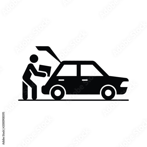 Person loading a cardboard box into the trunk of a car icon isolated on white background