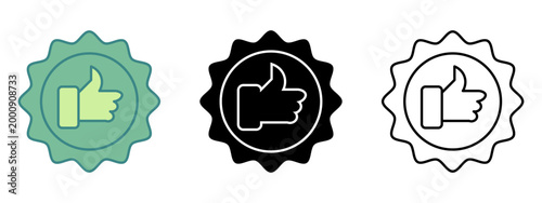 Three different styles of stylized thumb up icons presented as starburst badges for positive feedback and approval rating