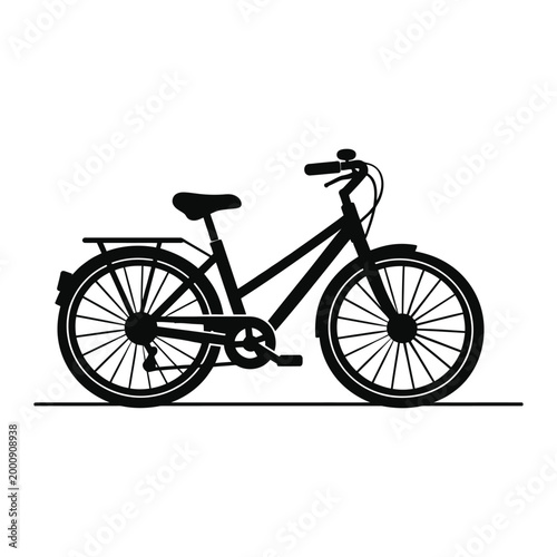 Black silhouette of a city bicycle on a flat ground line isolated on white background