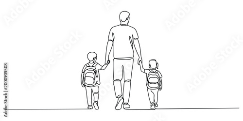 Father walking with two children to school line art