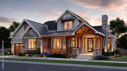 Large two-story suburban house with wrap-around porch and garage