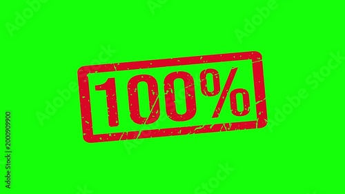 100 Percent Red Rubber Stamp Animation with Grunge Texture on White and Green Screen Background for Success, Quality, and Guarantee Concept.