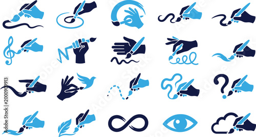 Creative hand and brush icons illustrating art creation drawing writing and artistic expression.