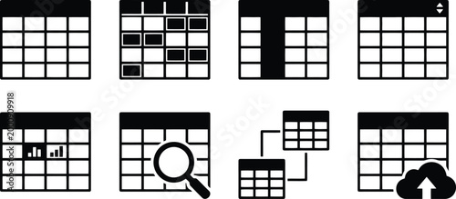 Minimalist calendar icon set, black and white schedule vector collection, 8 planning and organization symbols for business management and productivity