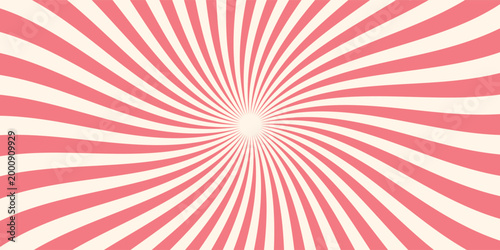 Pink ice cream and candy swirl background, lollipop vortex patterns intermixed with strawberry and circus elements. Retro spiral design. Flat vector illustration isolated