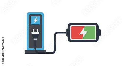 Fotografía Illustration of a blue and black electric vehicle charging station connected to a partially charged battery with a lightning bolt symbol