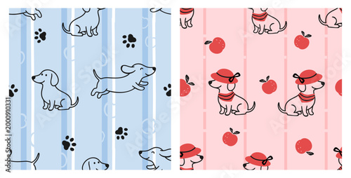 Cute dog with apple and hat seamless pattern pastel blue and pink background design.