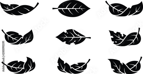 Neun schwarze Blattsilhouetten in verschiedenen Formen und Anordnungen, die die Vielfalt der Natur darstellen.