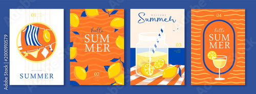 Set of summer Italian posters or covers with lemonade, drying clothes, lemons, cocktail and beach landscape. Vector illustration