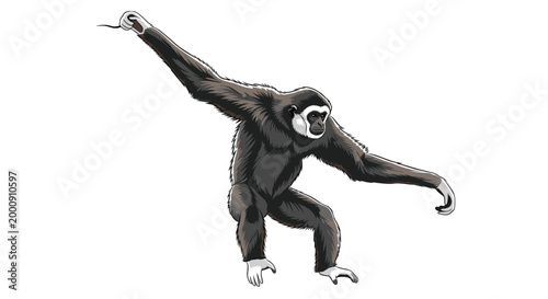 Dynamic digital illustration of a gibbon swinging, showcasing its long arms and agile form, a representation of its arboreal lifestyle.