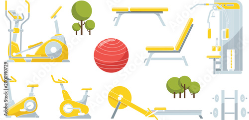 Outdoor and Indoor Fitness Equipment Icon Set with Exercise Bike, Elliptical Trainer, Bench, Strength Machine, and Workout Accessories for Training Design