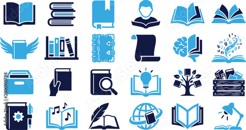 Collection of education and knowledge symbols including books, brain, and learning materials.