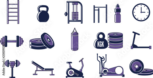 Gym and Fitness Equipment Icon Set with Dumbbells, Kettlebell, Treadmill, Exercise Bike, Weight Plates, Punching Bag, and Training Accessories for Workout Design