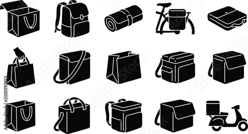 Verschiedene Arten von Taschen, Rucksäcken und Lieferbehältern, einschließlich solcher für Fahrräder und Roller.