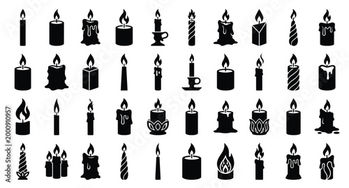 A professional vector silhouette collection featuring 40 diverse variations of a burning candle .eps
