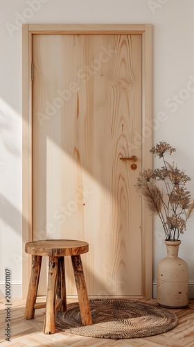 Light wood wardrobe with woven basket and vase of dried flowers