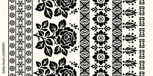 Seamless Black and White Ethnic Floral Border Pattern, Monochrome Tribal Stripes with Roses and Geometric Ornaments, Traditional Folk Textile Design for Fashion and Home Decor