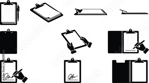 Sammlung von schwarzen und weißen Clipboard-Symbolen, die verschiedene Ansichten und Interaktionen mit Dokumenten zeigen.