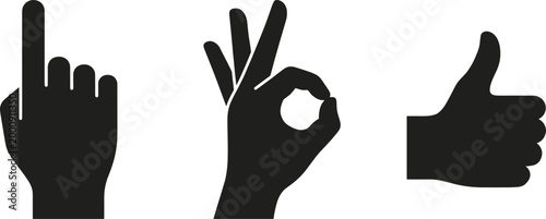 Minimalist vector illustration of three distinct hand gesture silhouettes including pointing finger, ok sign, and thumbs up communication symbols