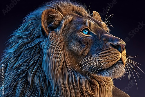 Lion with flowing mane, blue gradient background, digital
