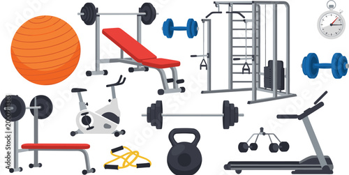 Gym Equipment and Strength Training Icon Set with Bench Press, Treadmill, Barbell, Kettlebell, Exercise Bike, and Fitness Machines for Workout Design