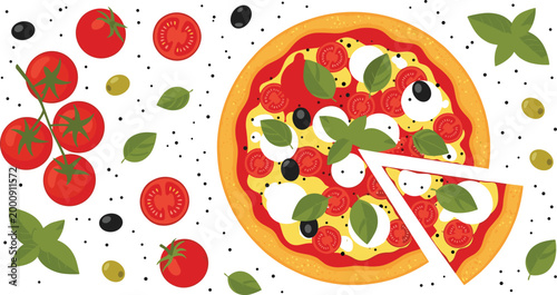 Delicious pizza with fresh ingredients top view slice cut tomatoes olives basil vector food illustration