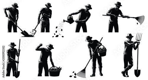 Farmers working with tools in various poses black silhouette high quality
