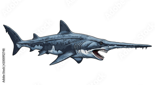 Highly detailed and aggressive illustration of a sawfish, showcasing its menacing saw-like rostrum, sharp teeth, and powerful body in a realistic style.